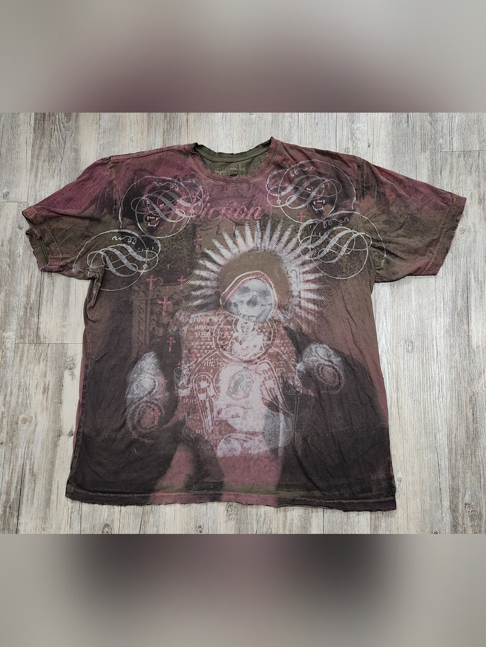 Vintage Affliction graphic t-shirt distressed skull and religious 3XL Rare Grail